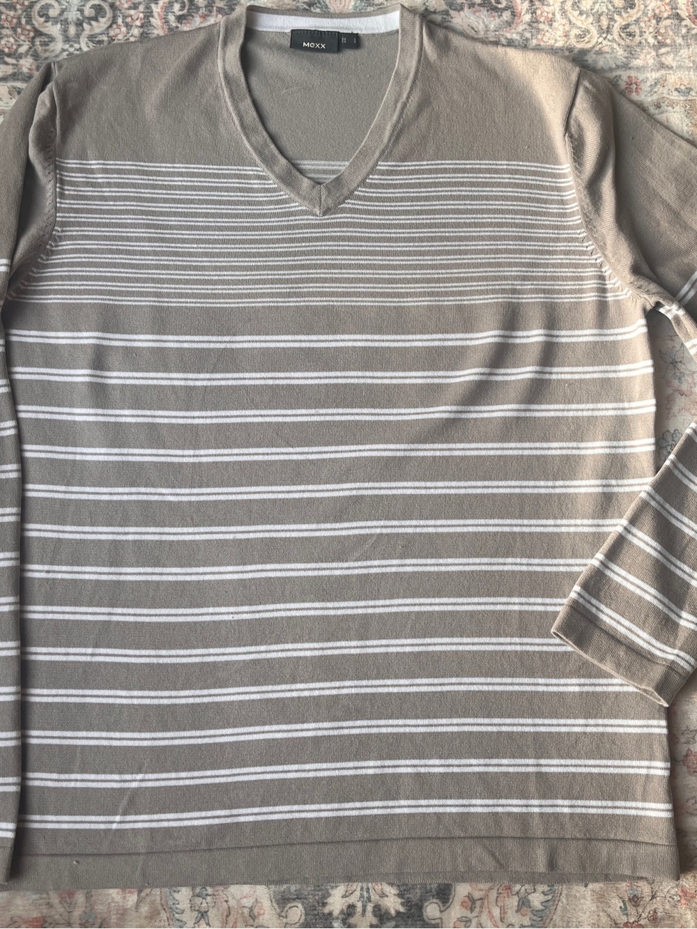 Mexx Taupe and White Striped V-Neck Sweater